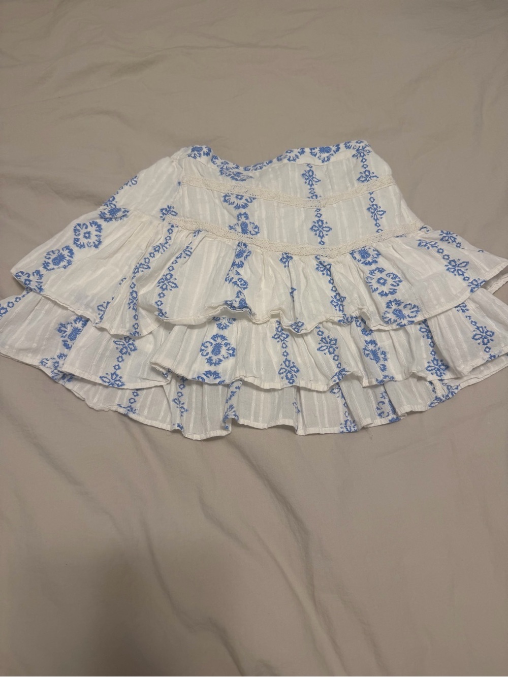 H&M White Tiered Skirt with Blue Floral Print